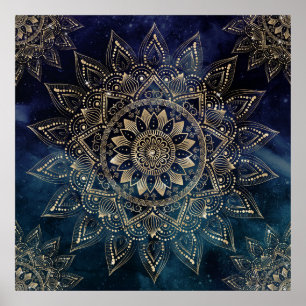 Elegant Guld Mandala Blue Galaxy Design Poster