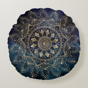 Elegant Guld Mandala Blue Galaxy Design Rund Kudde