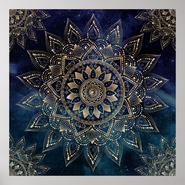 Elegant Guld Mandala Blue Galaxy Poster (Framsidan)