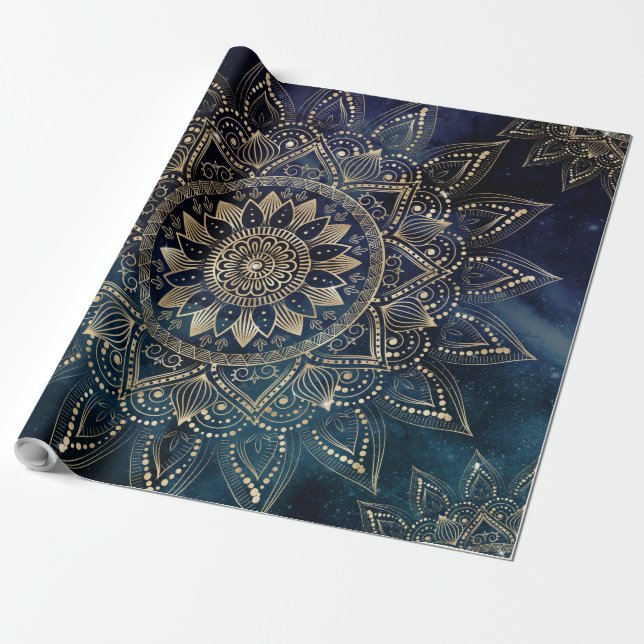 Elegant Guld Mandala Blue Galaxy Presentpapper (Utrullad)