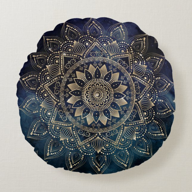 Elegant Guld Mandala Blue Galaxy Rund Kudde (Framsidan)
