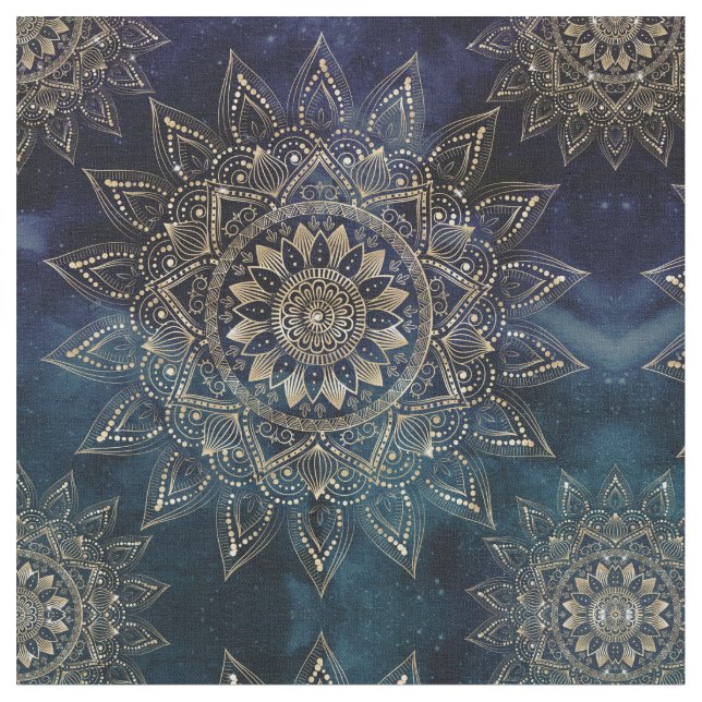 Elegant Guld Mandala Blue Galaxy Tyg (Närbild)