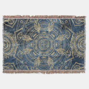 Elegant Guld Mandala Blue Stollig Design Filt