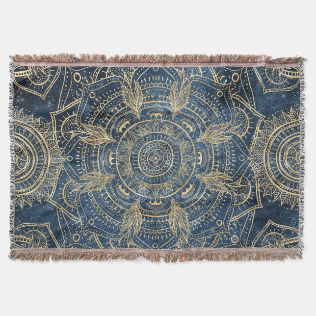 Elegant Guld Mandala Blue Stollig Design Filt (Framsidan)
