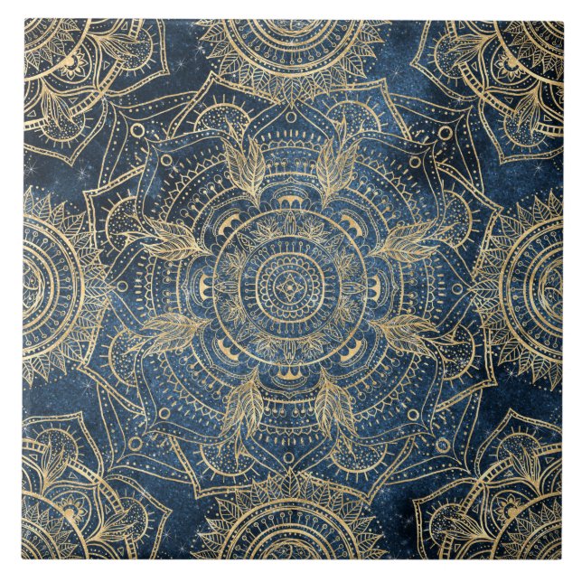 Elegant Guld Mandala Blue Stollig Design Kakelplatta (Framsidan)