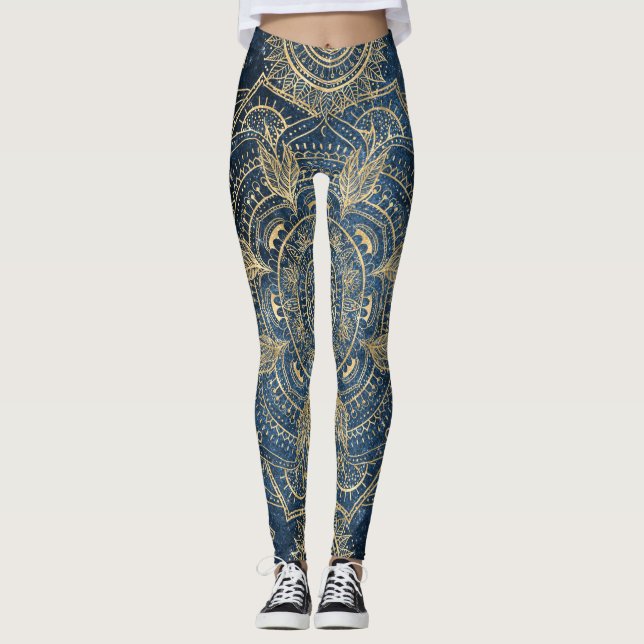 Elegant Guld Mandala Blue Stollig Design Leggings (Framsida)