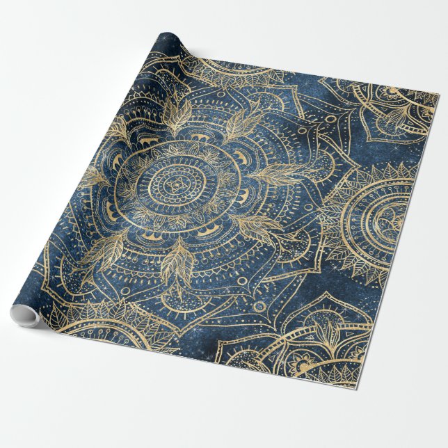 Elegant Guld Mandala Blue Stollig Design Presentpapper (Utrullad)