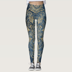 Elegant Guld Mandala Blue Stollig Leggings