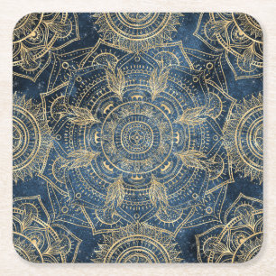 Elegant Guld Mandala Blue Stollig Underlägg Papper Kvadrat