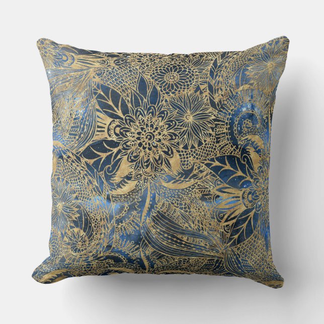 Elegant Guld Mandala Flowers Blue Nebula Kudde (Framsida)