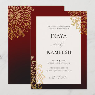 Elegant Guld Mandala Red Indian Wedding Investigat Inbjudningar