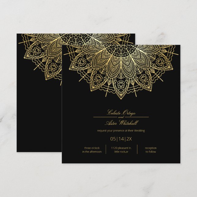 Elegant Guld Mandala Simple Black Bröllop Inbjudningar (Fram/baksida)