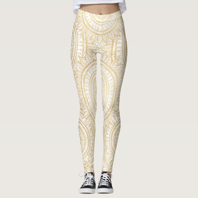 Elegant Guld Mandala Solrosvit Mönster Leggings (Framsida)