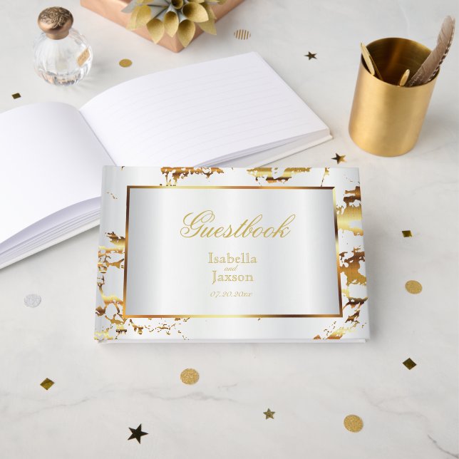 Elegant Guld Marble and White Satin Guestbook Gästböcker (Framsida öppen)