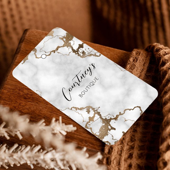 Elegant Guld Marble Clothing Märkre Pris Label Visitkort (Elegant black marble and faux gold product hang tags with price and size table on the back)