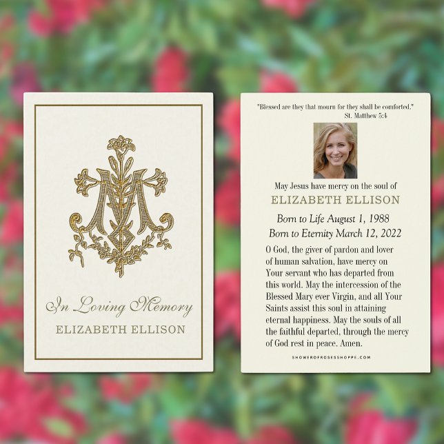 Elegant Guld Marian Kor Beers begravningskort Visitkort (Traditional Catholic Funeral Memorial Prayer Card)