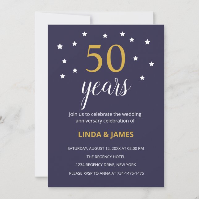 Elegant Guld Marinblå 50-års Bröllopsjubileum Inbjudningar (Framsida)