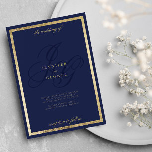Elegant guld marinblått monogram bröllop inbjudningar