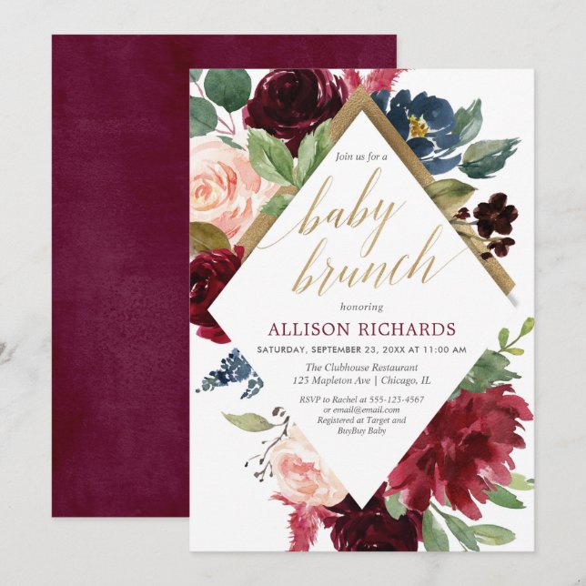 Elegant guld marsala burgundy rosa baby brunch inbjudningar (Fram/baksida)