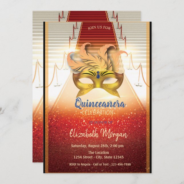 Elegant Guld Masque, Red Carpet Quinceanera Inbjudningar (Fram/baksida)