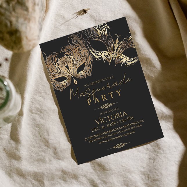 Elegant Guld MasqueraParty födelsedag Inbjudningar (Skapare uppladdad)