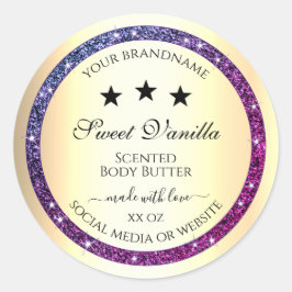 Elegant Guld med Lila Glitter produktetiketter Runt Klistermärke