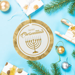Elegant Guld Menorah Hanukkah Merry Chrismukkah Julgransprydnad Keramik