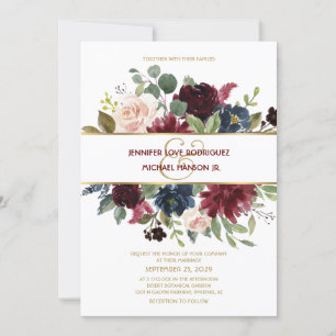 Elegant Guld Merlot Navy Blommigt Bouquet Bröllop Inbjudningar