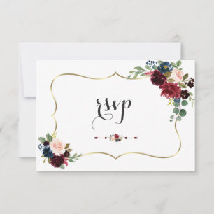 Elegant Guld Merlot Navy Blue Blommigt Bröllop OSA Kort