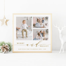 Elegant Guld Merry & Bright 3 Foto Fyrkant  Julkort