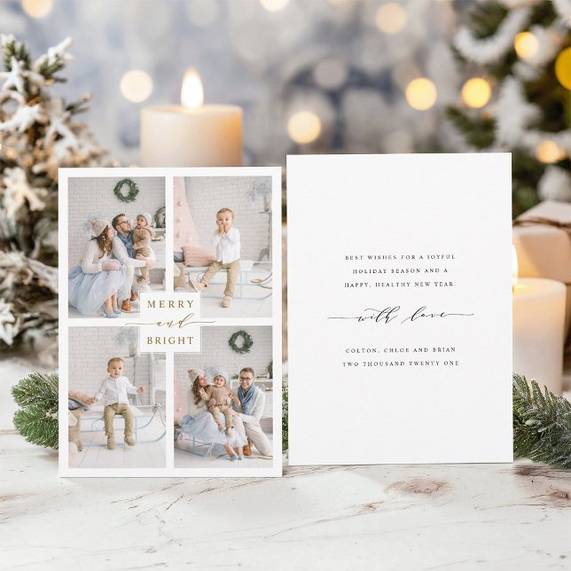 Elegant Guld Merry & Bright 4 Photo Helgdag Card Julkort (Front & Back)