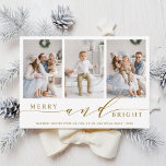 Elegant Guld Merry och Bright 3 Photo Helgdag Card Julkort<br><div class="desc">Ett enkelt och elegant helgdag-kort med ett vitt snö mönster på baksidan. Om du vill ha en mer avancerad anpassning av den här designen klickar du på länken Anpassa ytterligare för att ändra teckensnitt,  storlekt,  färg osv.</div>