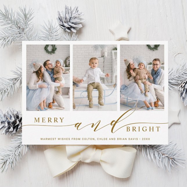 Elegant Guld Merry och Bright 3 Photo Helgdag Card Julkort (Skapare uppladdad)