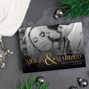 Elegant Guld Merry och Married Photo Helgdag Card Inbjudningar
