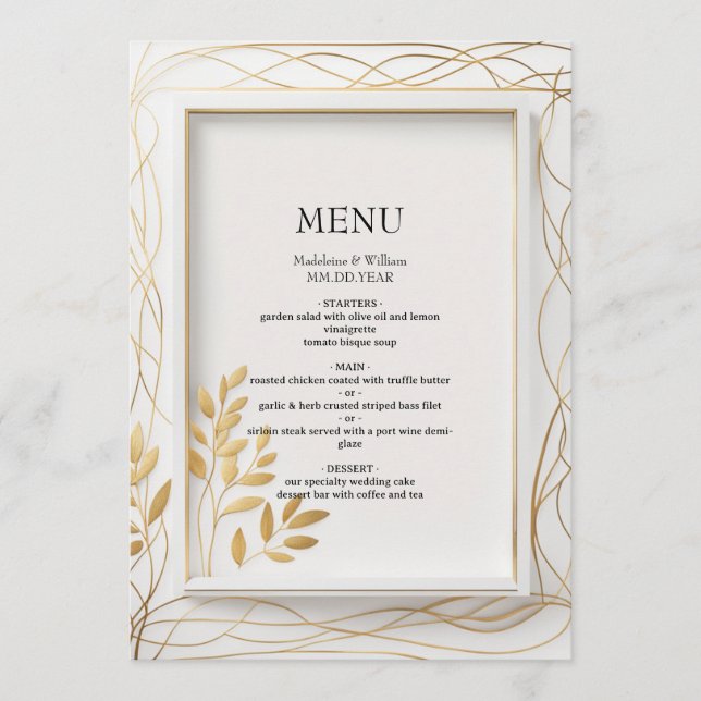 Elegant Guld minimalistisk eukalyptus Bröllop Meny (Framsida)
