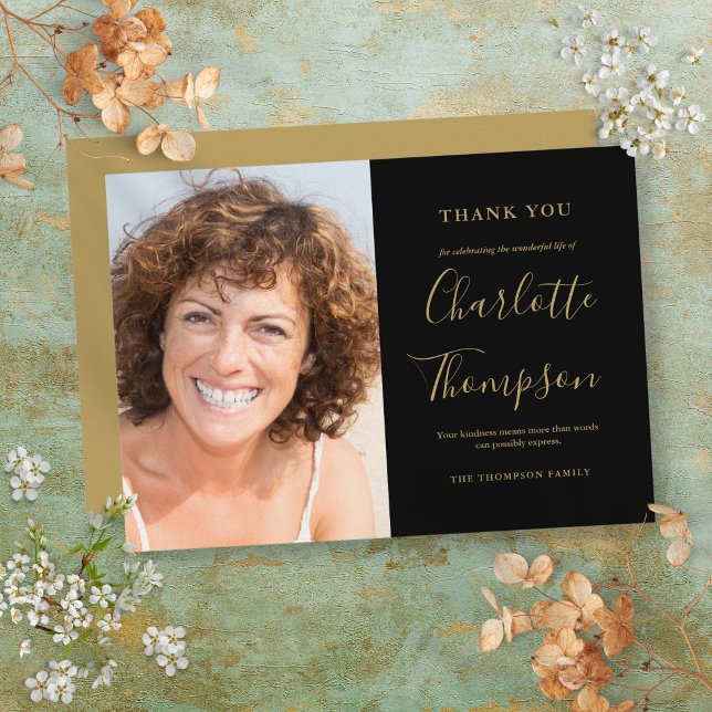 Elegant Guld minnesbild - underordnat foto Tack Kort (Elegant Gold Memorial Funeral Photo Thank You Card)