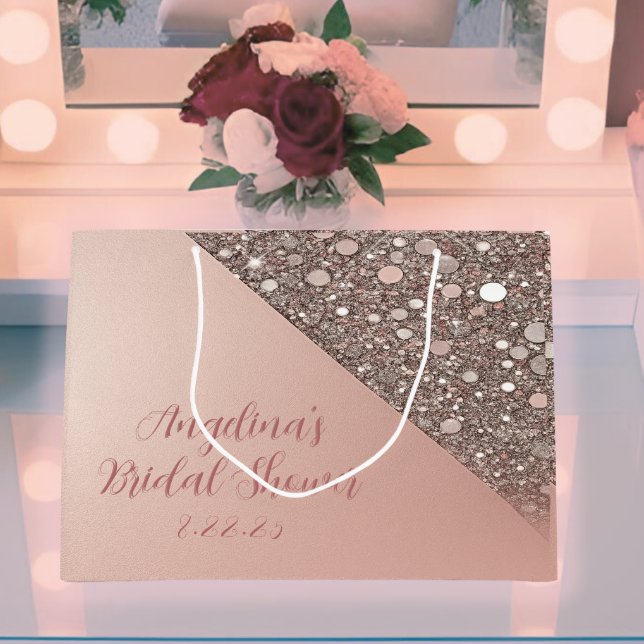 Elegant Guld Möhippan Ro (Elegant rose gold bridal gift bag styled on a vanity with soft blush glow and custom event text.)