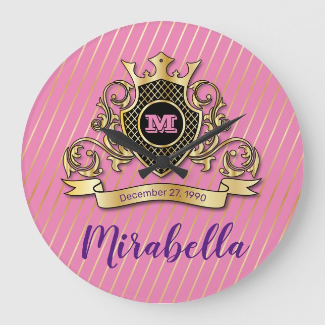 Elegant Guld Monagram Fashiated Wall Clock Stor Klocka (Framsida)