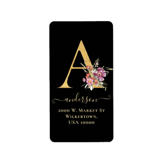 Elegant Guld Monogram A-adressetikett för Blommigt Adressetikett (Framsidan)