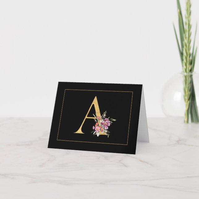 Elegant Guld Monogram A med Rosa Flowers Anteckningskort (Framsida)