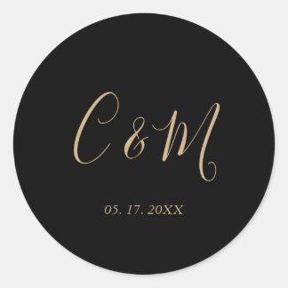 Elegant Guld Monogram Black Bröllop Runt Klistermärke