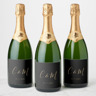 Elegant Guld Monogram Black Bröllop Vin-etikett