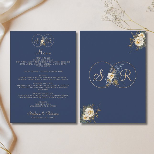 Elegant Guld Monogram Blommigt Blåblå Bröllop Meny (Skapare uppladdad)