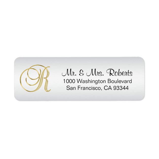 Elegant Guld Monogram Brev R Återkomst till Silver Returadress Etikett (Framsidan)