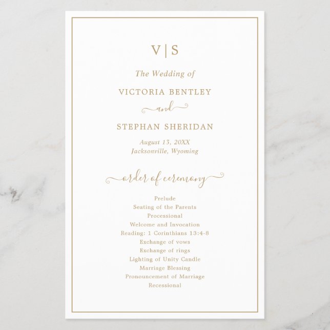 Elegant Guld Monogram budgetärt Bröllopsprogram (Framsidan)