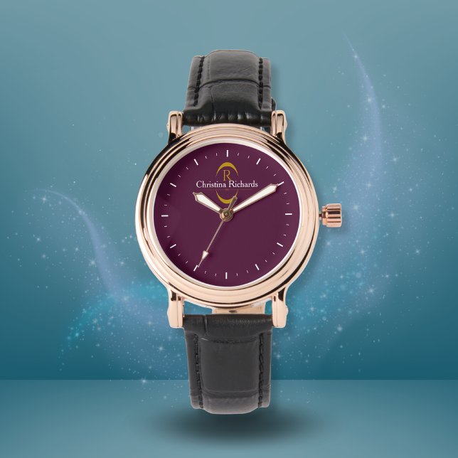 Elegant Guld Monogram Burgundy Modern Armbandsur (Skapare uppladdad)