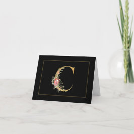 Elegant Guld Monogram C med Rosa Flowers Anteckningskort