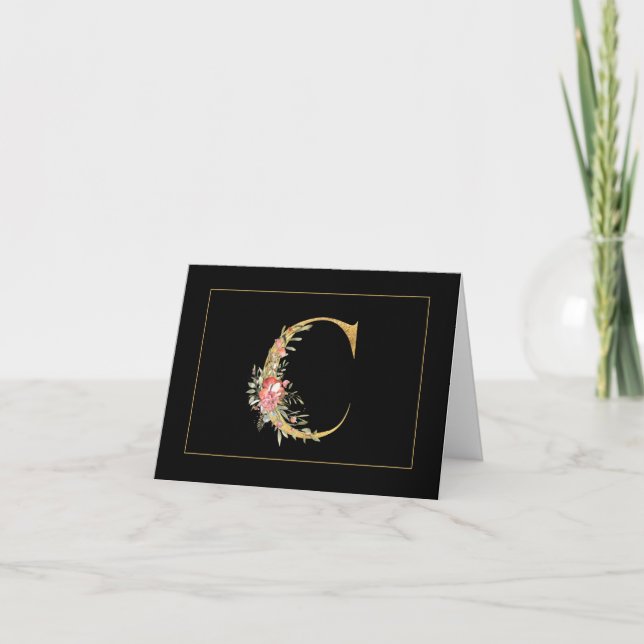 Elegant Guld Monogram C med Rosa Flowers Anteckningskort (Framsida)