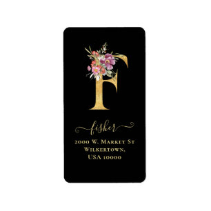 Elegant Guld Monogram F Blommigt Adressetikett