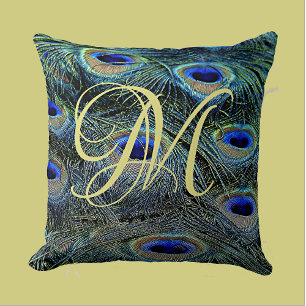 Elegant Guld Monogram Färgglada Påfågel Fjädrar Kudde